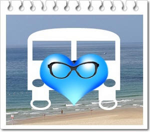 איור של רכב על החוף עם לב ומשקפיים