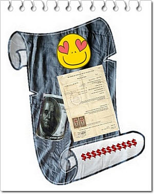 איור של פוליסה על גבי מגילה עם דולר ופרצוף מחייך